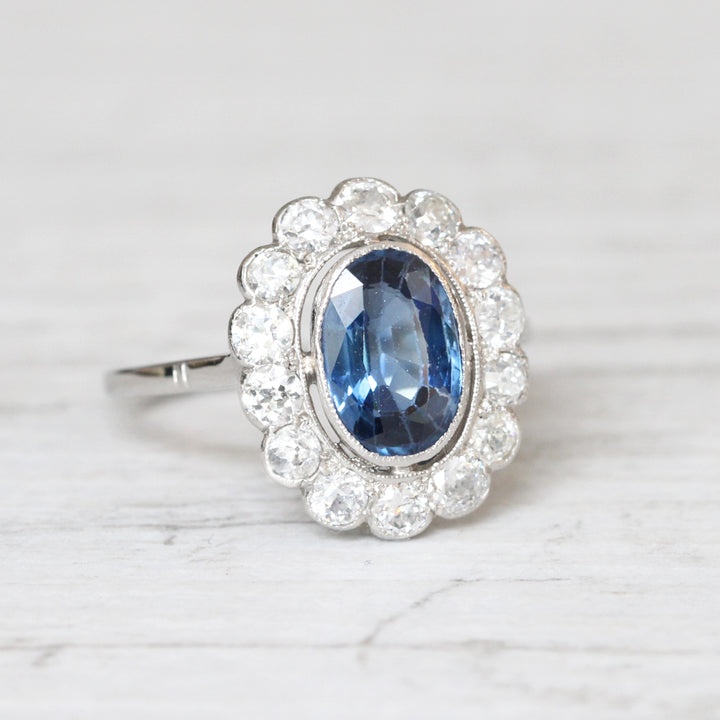 Art Deco 1.35 Carat Verneuil Sapphire and Old Cut Diamond Cluster