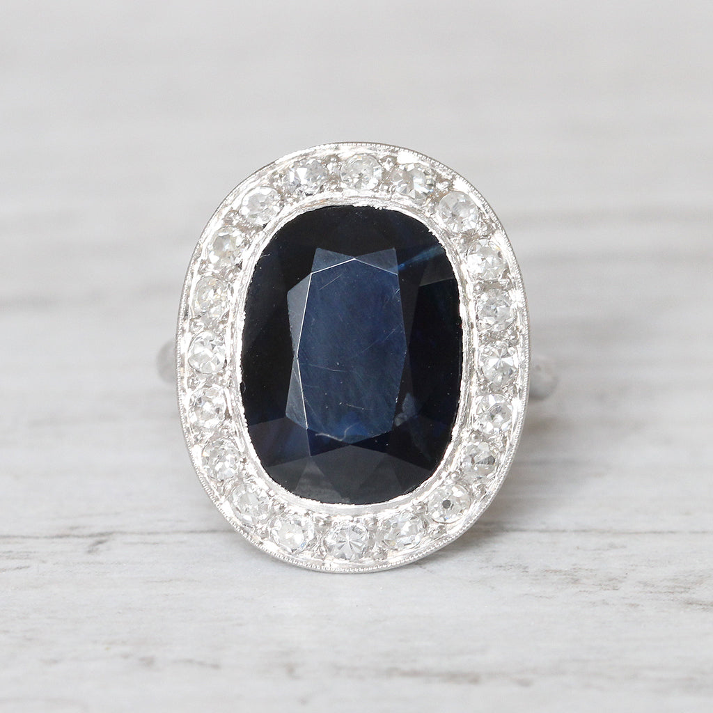 French Art Deco 6 Carat Sapphire and Diamond Cluster Ring