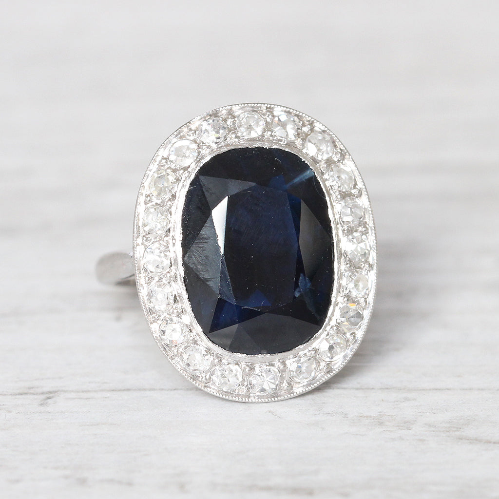 French Art Deco 6 Carat Sapphire and Diamond Cluster Ring