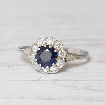 Antique 0.85 Carat Sapphire and Old Cut Diamond Cluster