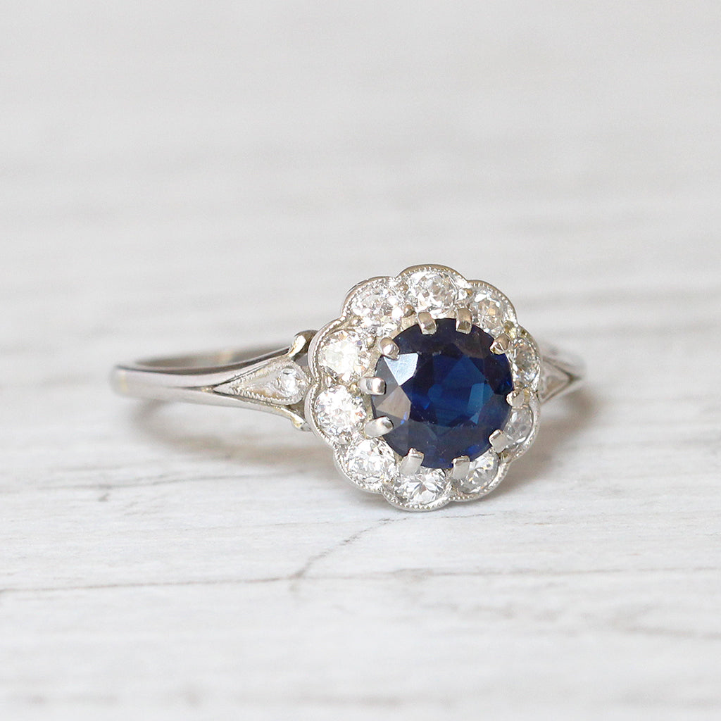 Antique 0.85 Carat Sapphire and Old Cut Diamond Cluster