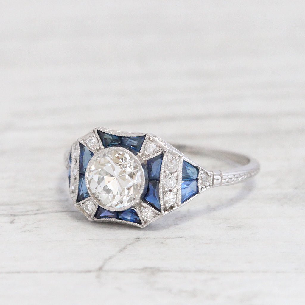 Art Deco 0.80 Carat Old European Cut Diamond and Sapphire Ring