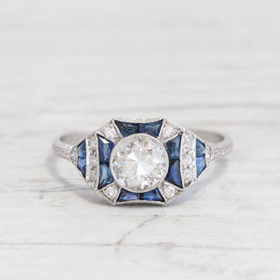 Art Deco 0.80 Carat Old European Cut Diamond and Sapphire Ring