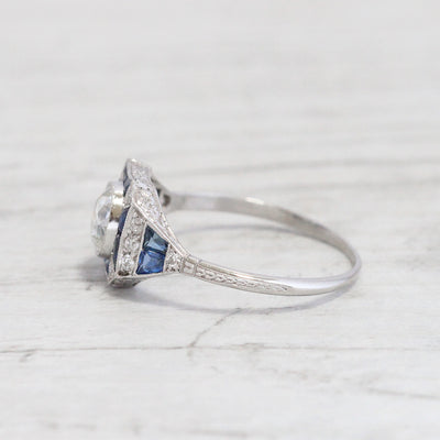 Art Deco 0.80 Carat Old European Cut Diamond and Sapphire Ring