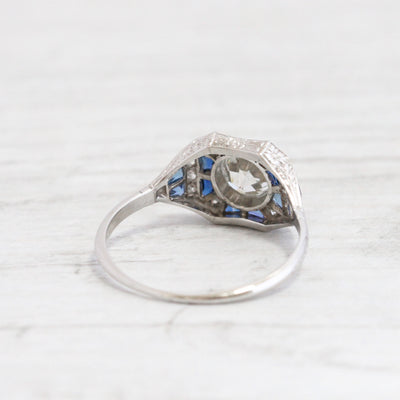 Art Deco 0.80 Carat Old European Cut Diamond and Sapphire Ring