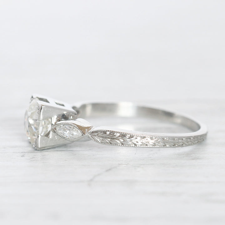 Art Deco 0.85 Carat Old European Cut Diamond Solitaire with Marquise Diamond Shoulders