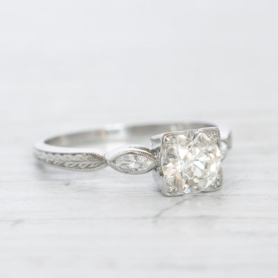 Art Deco 0.85 Carat Old European Cut Diamond Solitaire with Marquise Diamond Shoulders