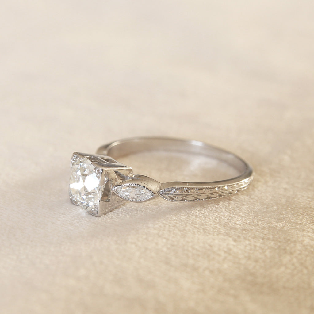 Art Deco 0.85 Carat Old European Cut Diamond Solitaire with Marquise Diamond Shoulders