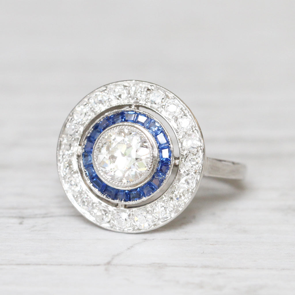 French Art Deco Old European Cut Diamond and Sapphire Target Cluster