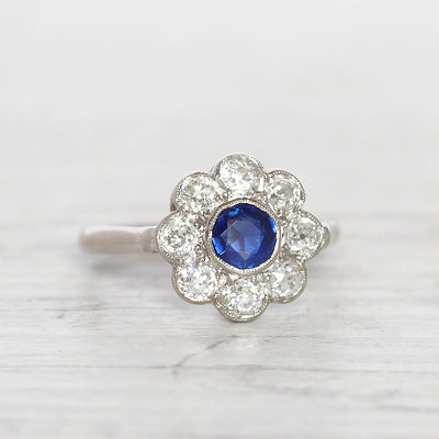 Edwardian Sapphire and Old Cut Diamond Daisy Cluster