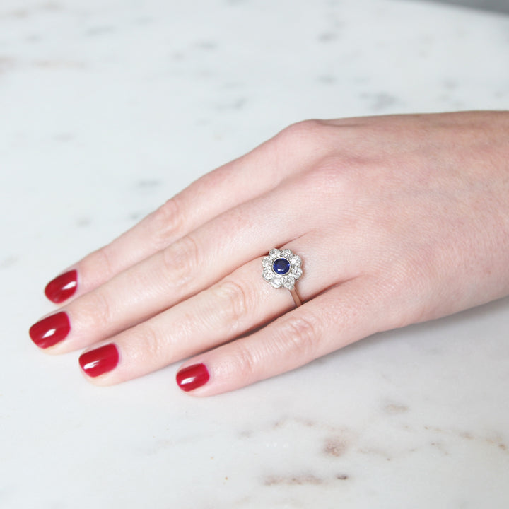 Edwardian Sapphire and Old Cut Diamond Daisy Cluster