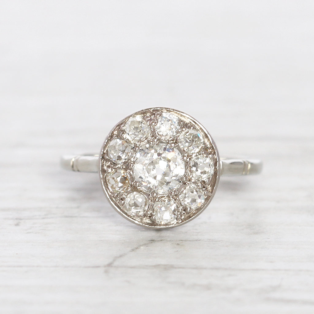 French Edwardian 0.90 Carat Old Mine Cut Diamond Cluster Ring
