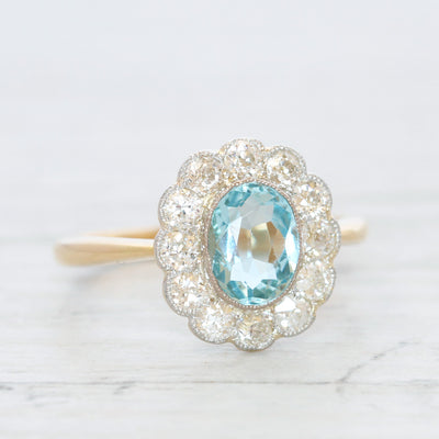 Edwardian 0.90 Carat Aquamarine and Old Cut Diamond Cluster