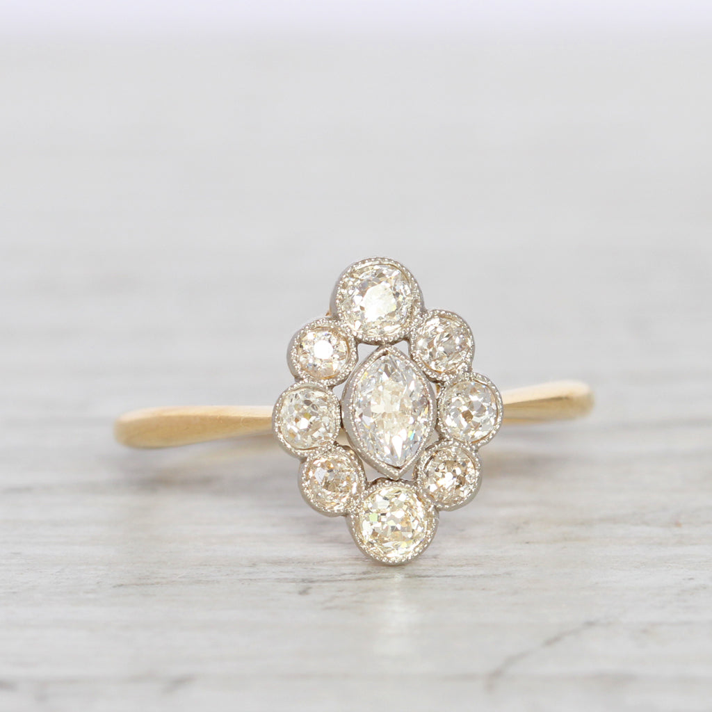Edwardian 0.96 Carat Moval Old Cut Diamond Cluster Ring