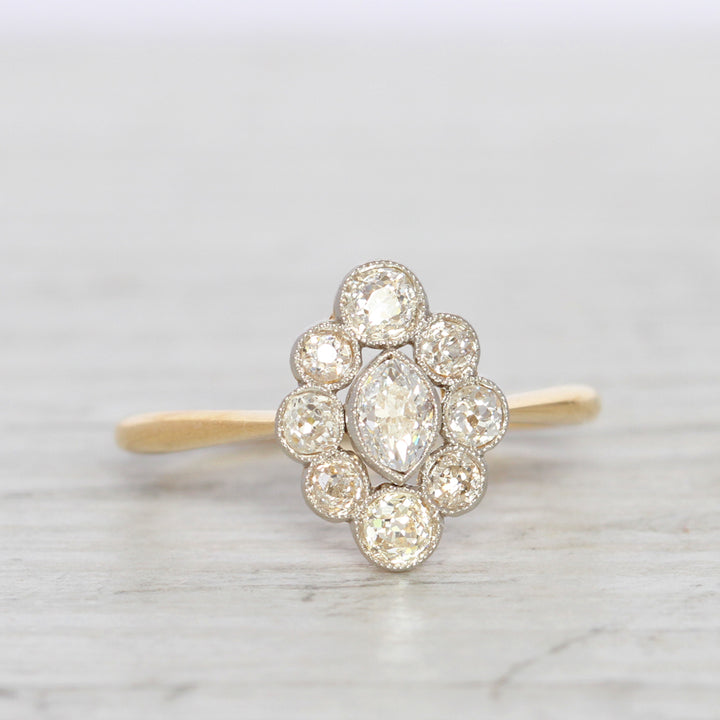 Edwardian 0.96 Carat Moval Old Cut Diamond Cluster Ring