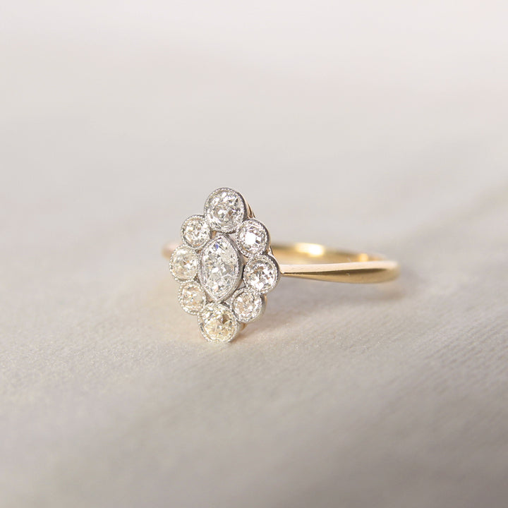 Edwardian 0.96 Carat Moval Old Cut Diamond Cluster Ring