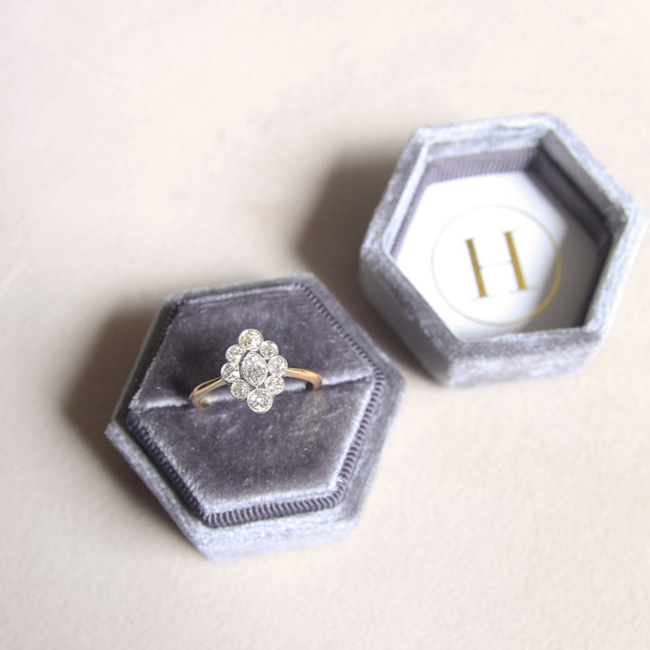 Edwardian 0.96 Carat Moval Old Cut Diamond Cluster Ring