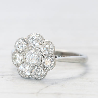 Edwardian 1.04 Carat Old Cut Diamond Daisy Cluster