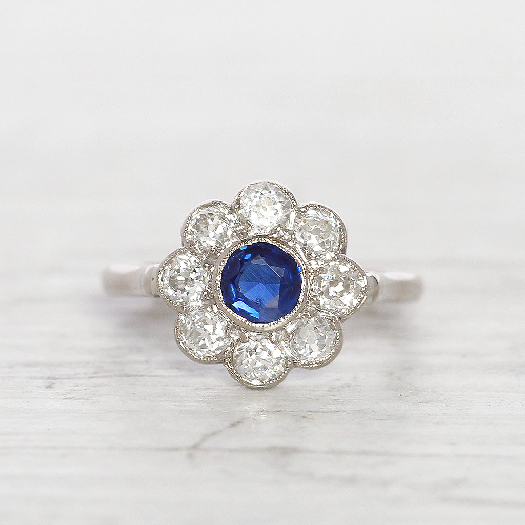 Edwardian Sapphire and Old Cut Diamond Daisy Cluster