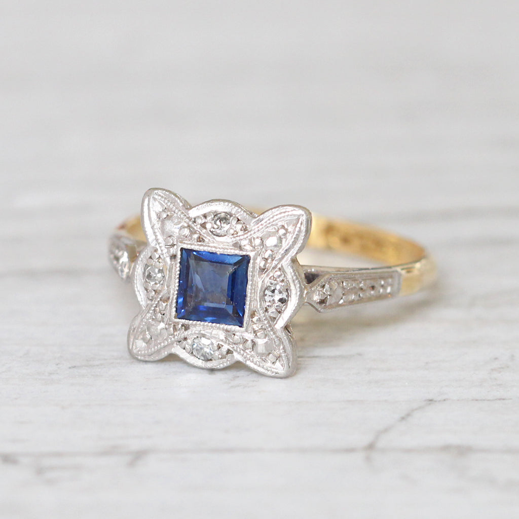 Art Deco Square Sapphire and Diamond Cluster Ring