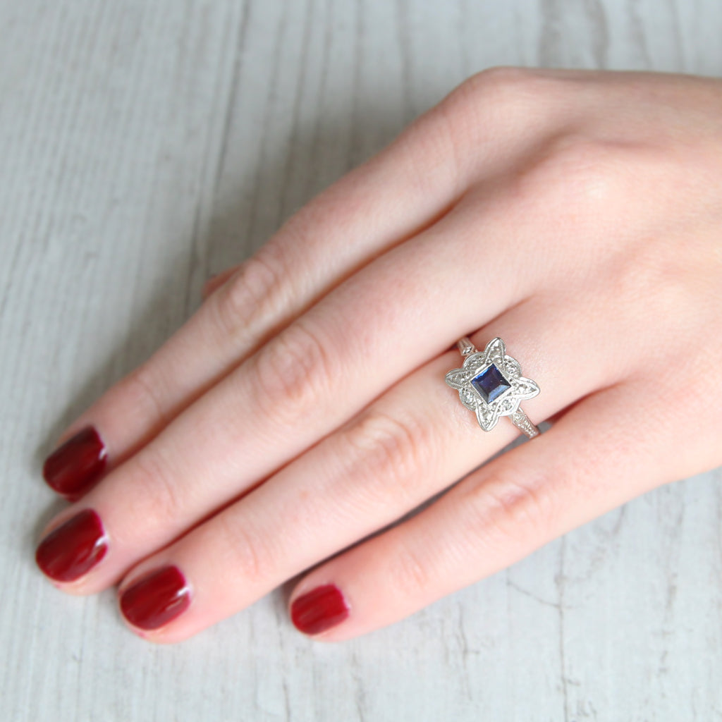 Art Deco Square Sapphire and Diamond Cluster Ring