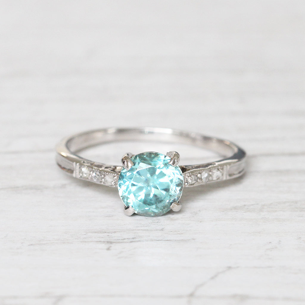 Art Deco 1.25 Carat Old Cut Blue Zircon and Diamond Solitaire