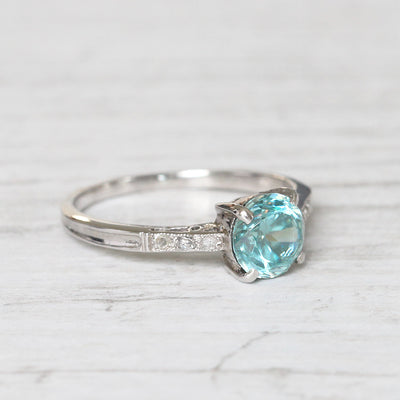 Art Deco 1.25 Carat Old Cut Blue Zircon and Diamond Solitaire