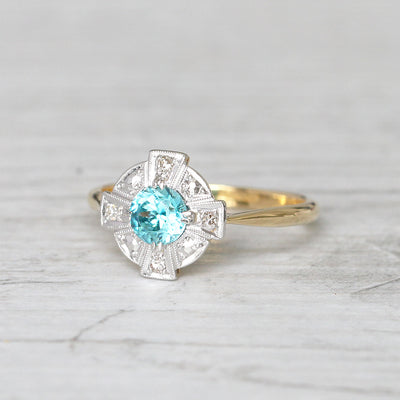 Art Deco 0.65 Carat Blue Zircon and Diamond Cluster