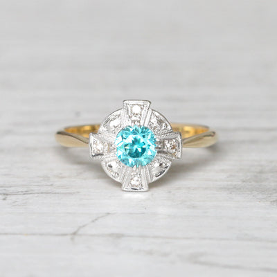 Art Deco 0.65 Carat Blue Zircon and Diamond Cluster