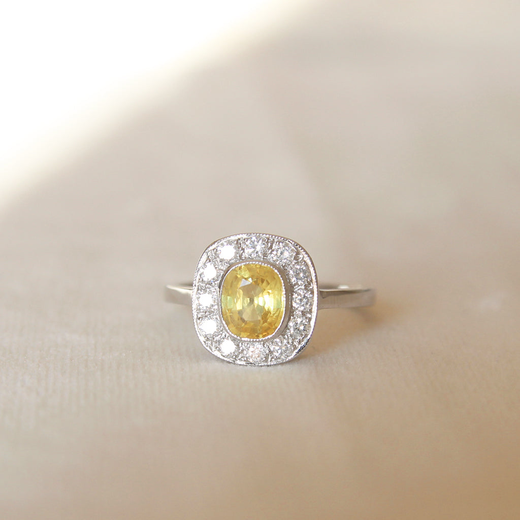 Vintage Style 1.10 Carat Yellow Sapphire and Diamond Cluster