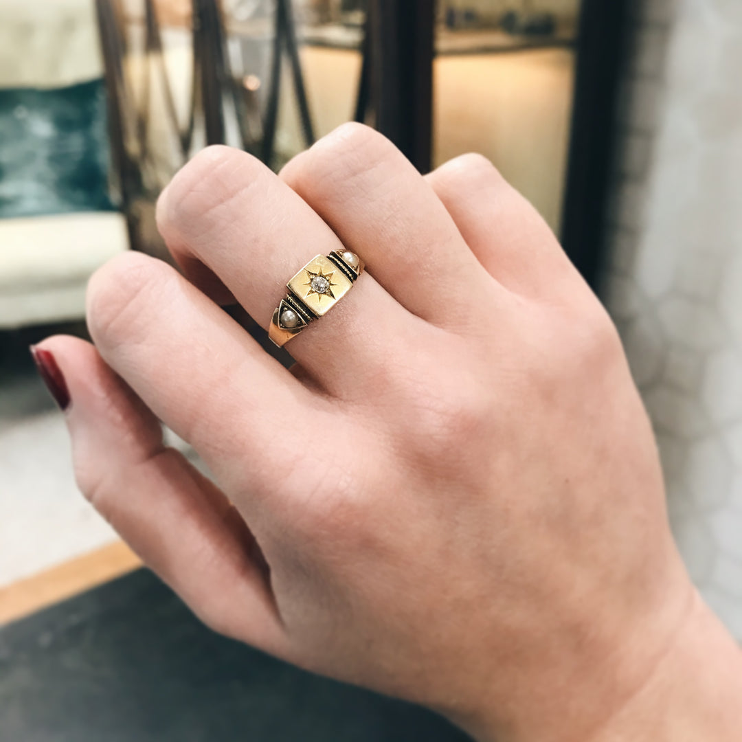 Victorian Old Mine Cut Diamond and Pearl Ring 1884