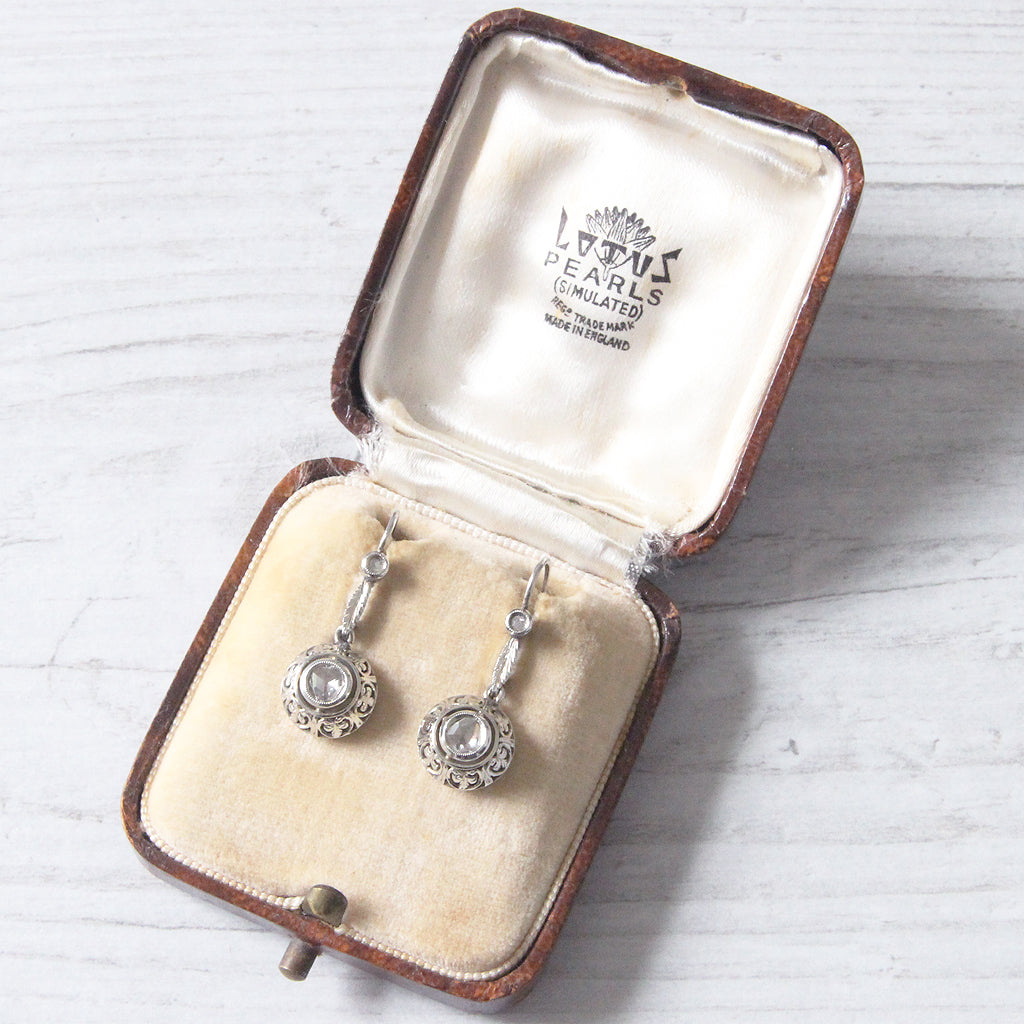 Art Deco Rose Cut Diamond Filigree Drop Earrings