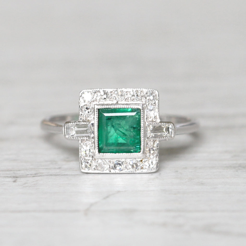 Art Deco Style 0.80 Carat Emerald and Diamond Square Cluster