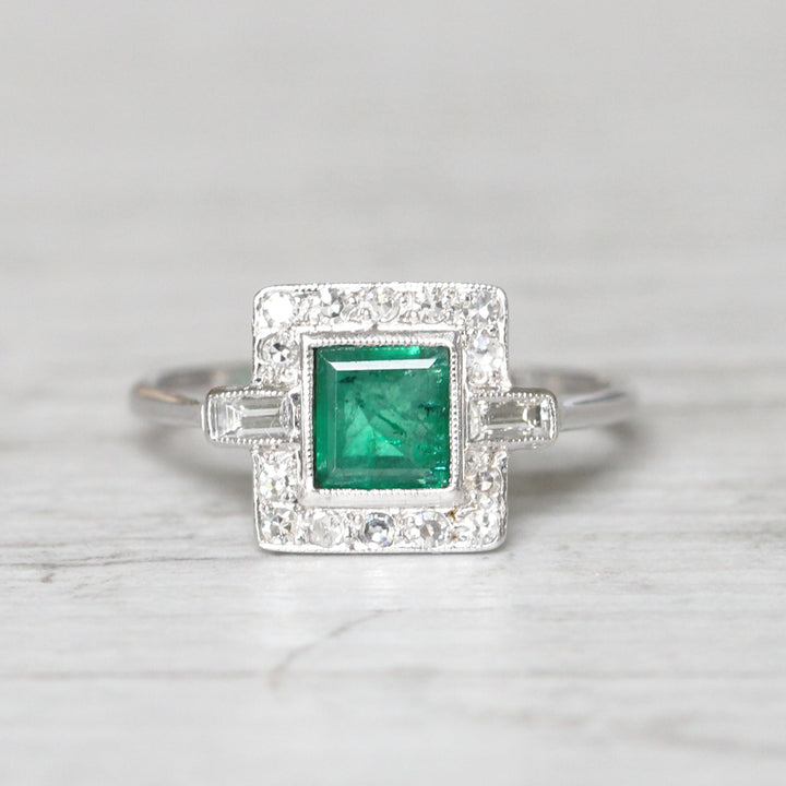 Art Deco Style 0.80 Carat Emerald and Diamond Square Cluster
