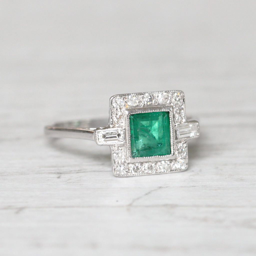 Art Deco Style 0.80 Carat Emerald and Diamond Square Cluster