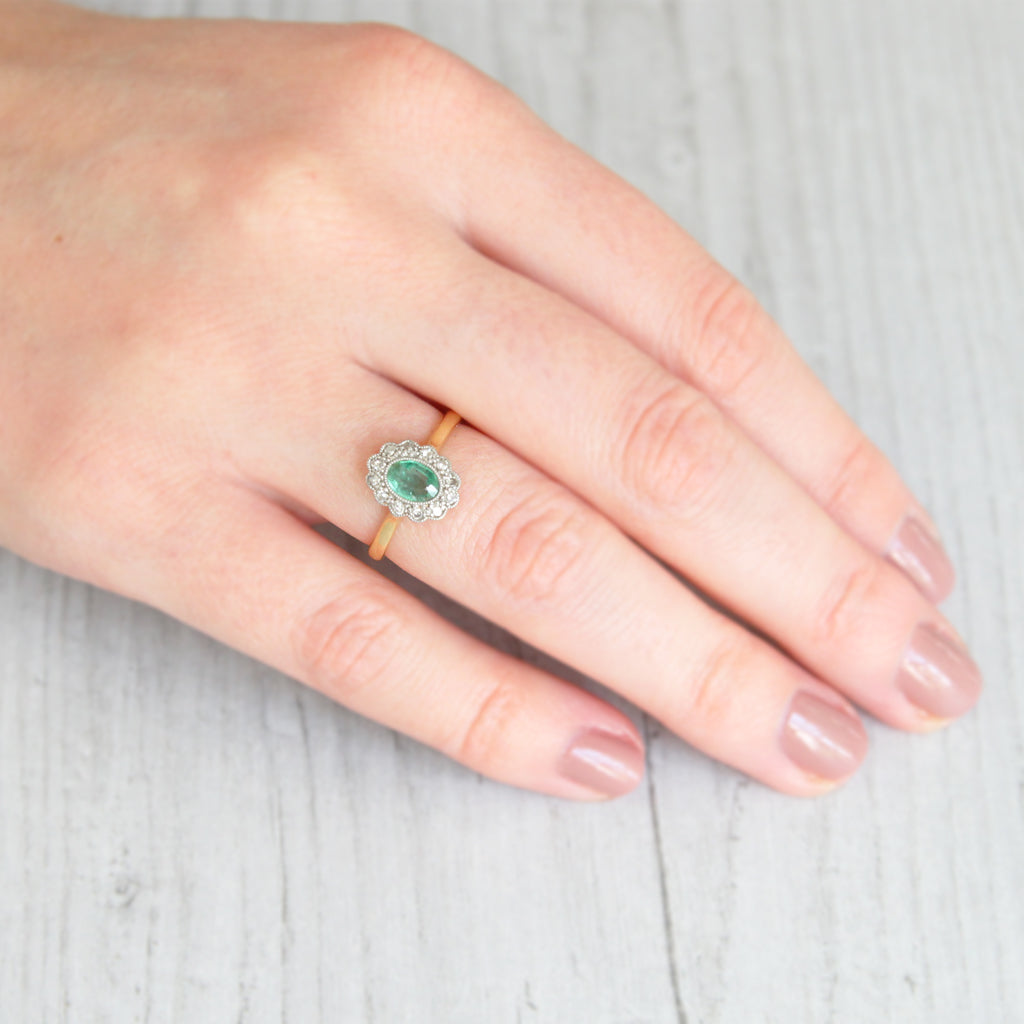 Edwardian Emerald and Single Cut Diamond Cluster