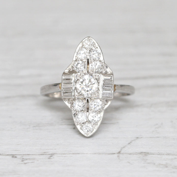 Vintage 1.10 Carat Brilliant and Baguette Cut Diamond Marquise Cluster