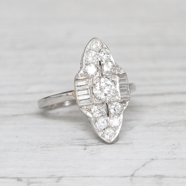 Vintage 1.10 Carat Brilliant and Baguette Cut Diamond Marquise Cluster