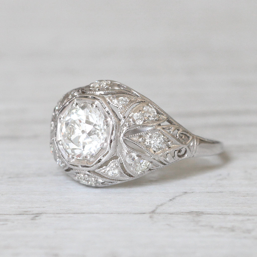 French Art Deco 1.05 Carat Old European Cut Diamond Bombé Ring