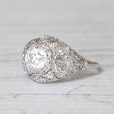 French Art Deco 1.05 Carat Old European Cut Diamond Bombé Ring