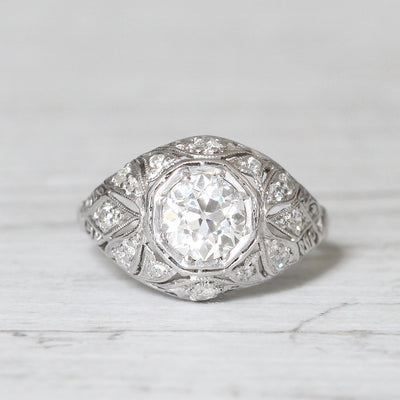 French Art Deco 1.05 Carat Old European Cut Diamond Bombé Ring