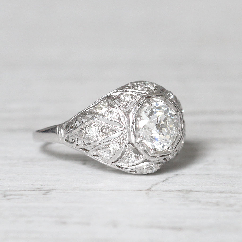 French Art Deco 1.05 Carat Old European Cut Diamond Bombé Ring