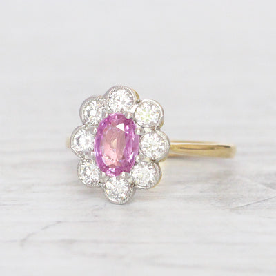 Vintage Style 1 Carat Pink Sapphire and Brilliant Cut Diamond Cluster
