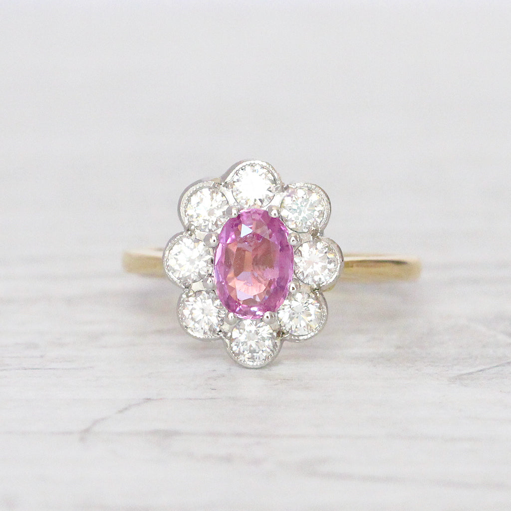 Vintage Style 1 Carat Pink Sapphire and Brilliant Cut Diamond Cluster