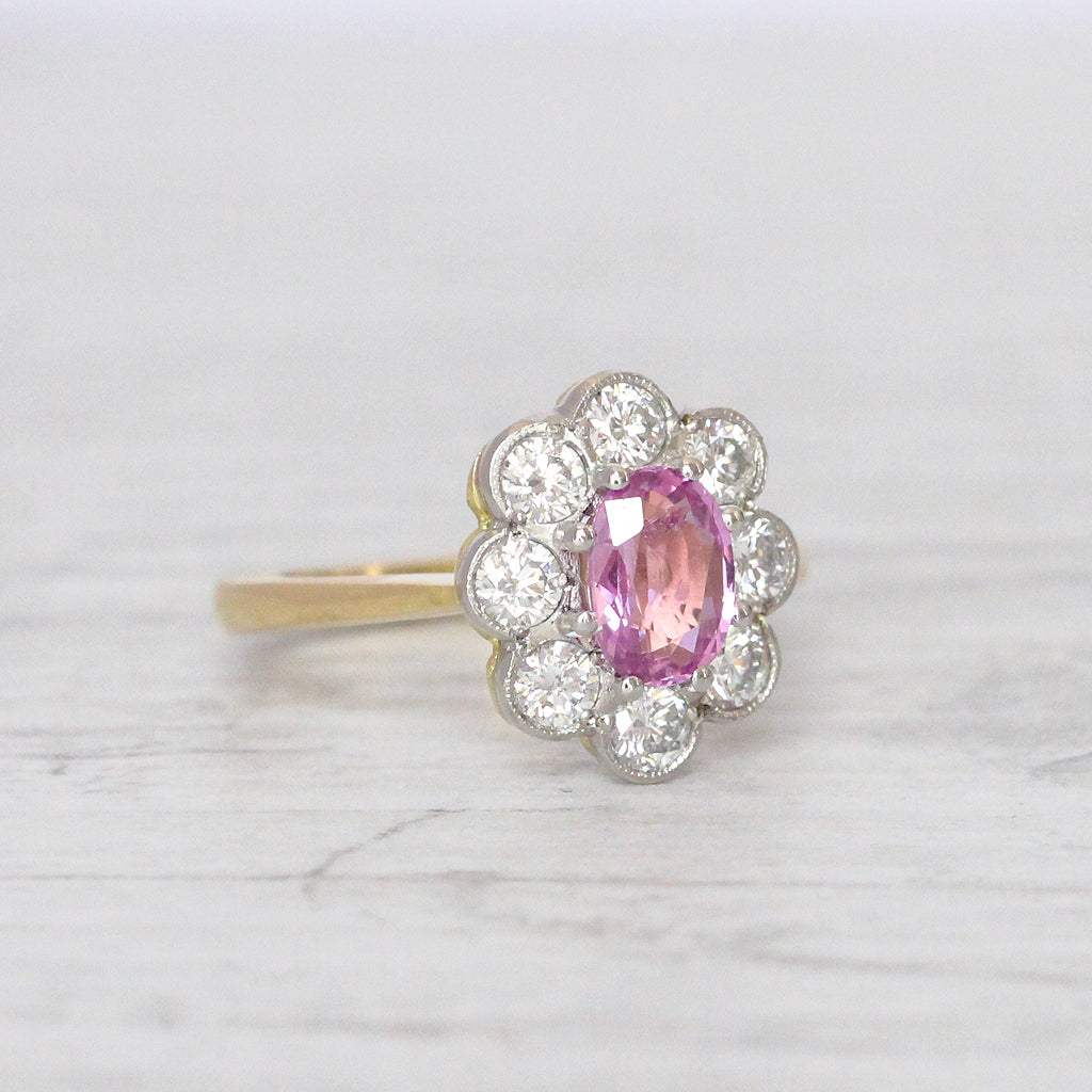 Vintage Style 1 Carat Pink Sapphire and Brilliant Cut Diamond Cluster