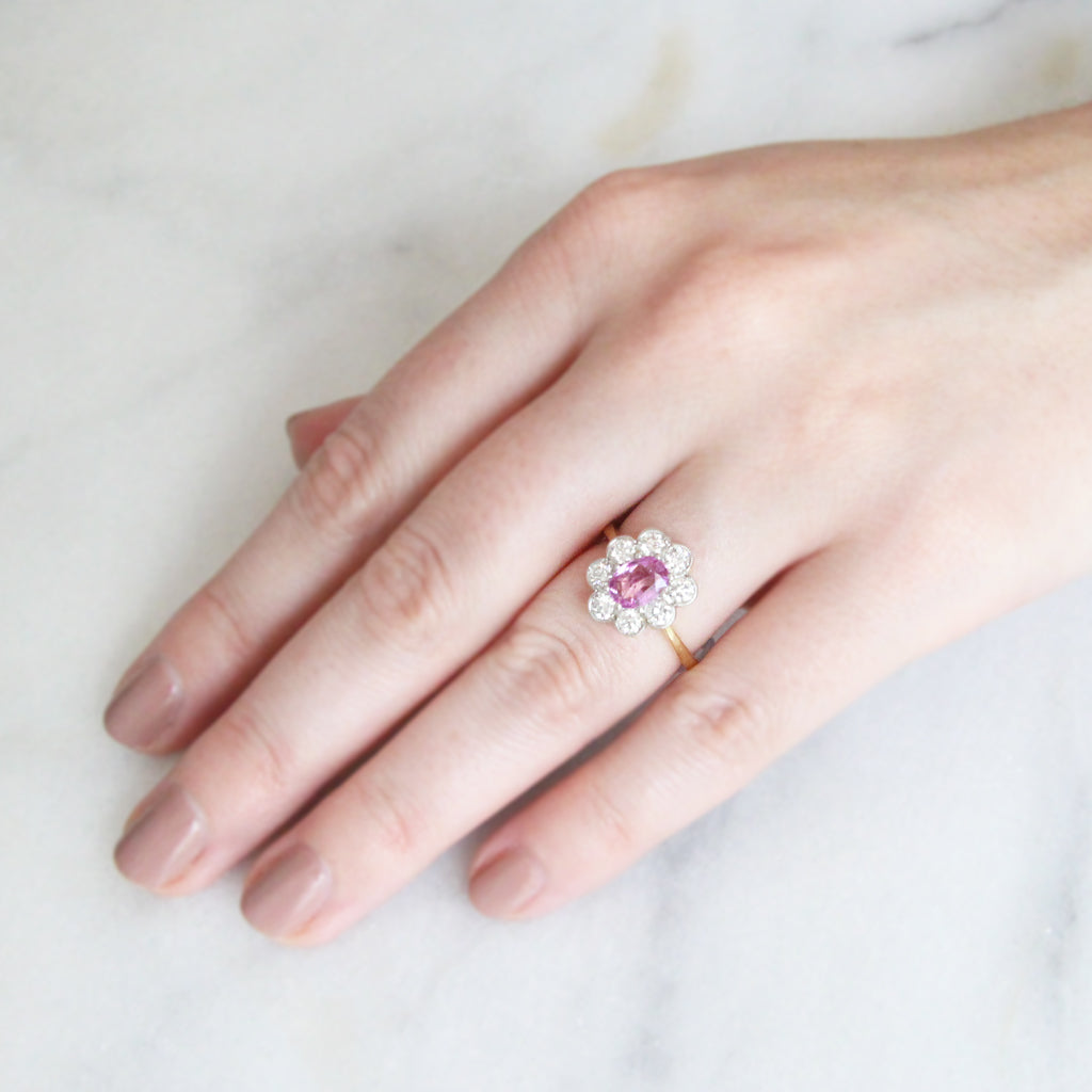 Vintage Style 1 Carat Pink Sapphire and Brilliant Cut Diamond Cluster