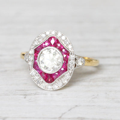 Art Deco Style 0.70 Carat Diamond and Calibré Cut Ruby Target Cluster