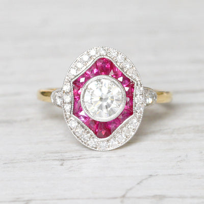 Art Deco Style 0.70 Carat Diamond and Calibré Cut Ruby Target Cluster