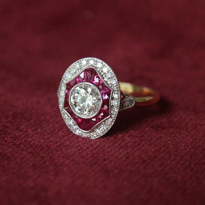 Art Deco Style 0.70 Carat Diamond and Calibré Cut Ruby Target Cluster