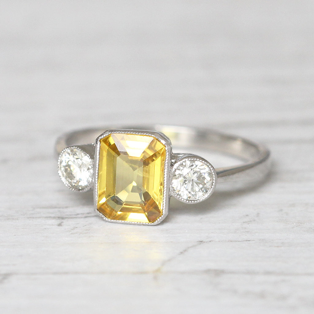 Vintage Style 1.70 Carat Yellow Sapphire and Diamond Three Stone